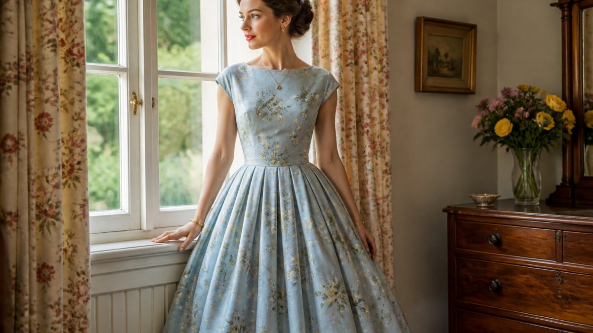 Woman in a 1950s-style full-skirt dress with a fitted bodice standing in natural window lighting