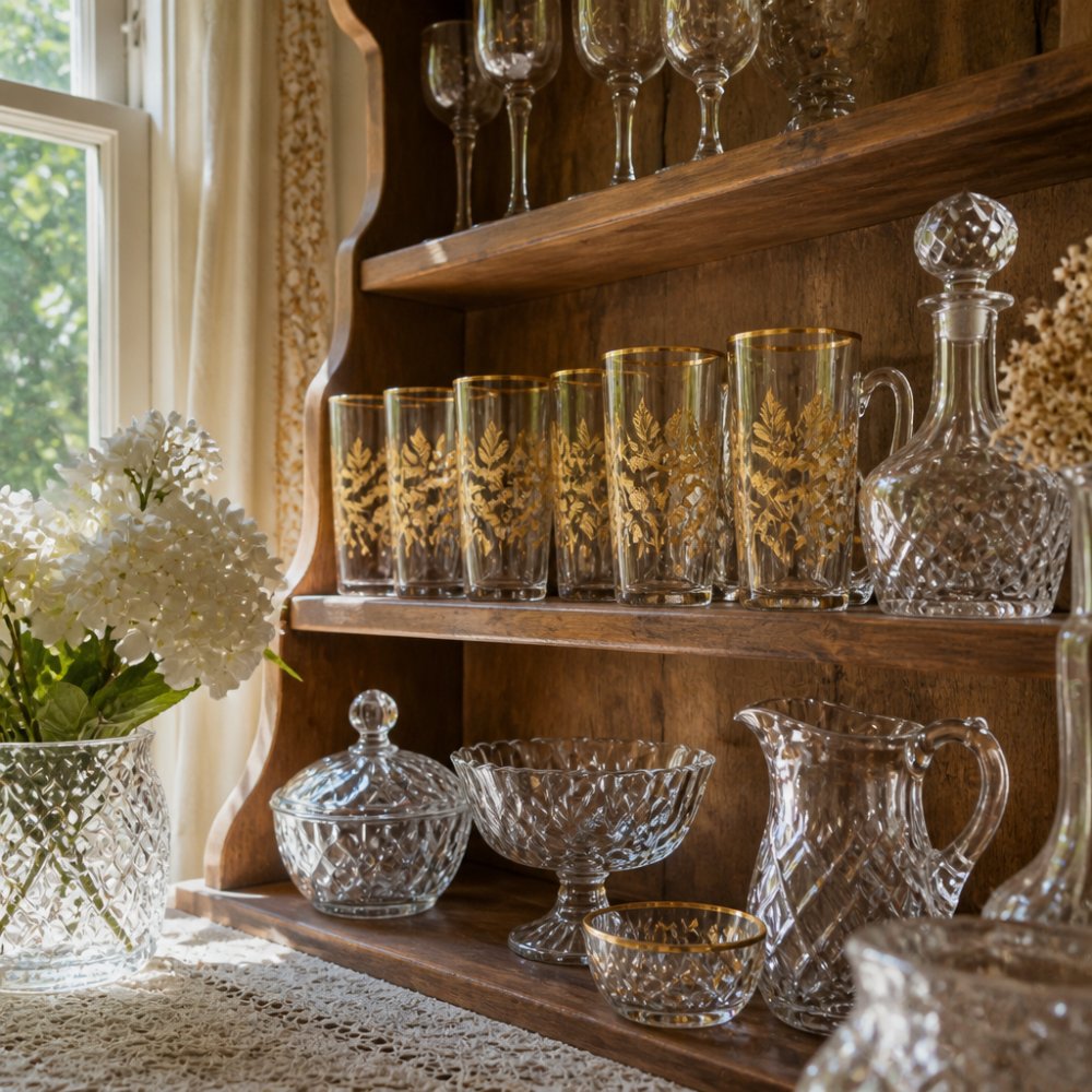 Vintage glass tumblers with gold rims and crystal pieces arranged on a wooden shelf in a sunlit dining room.