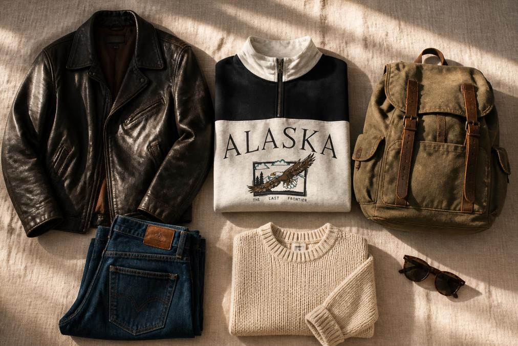 Flat lay of curated vintage wardrobe staples arranged on a warm neutral linen surface: a dark leather jacket, neatly folded indigo denim, a textured knit sweater, classic tortoiseshell sunglasses, and a worn canvas backpack, shot in soft natural side lighting