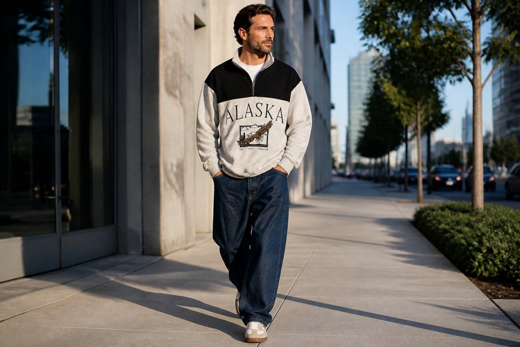 A well-dressed man in his late 30s wearing a dark retro cardigan jacket over a white fitted shirt with loose-fit indigo denim, standing on a sunlit urban sidewalk with modern architecture in the background, natural afternoon light casting soft shadows