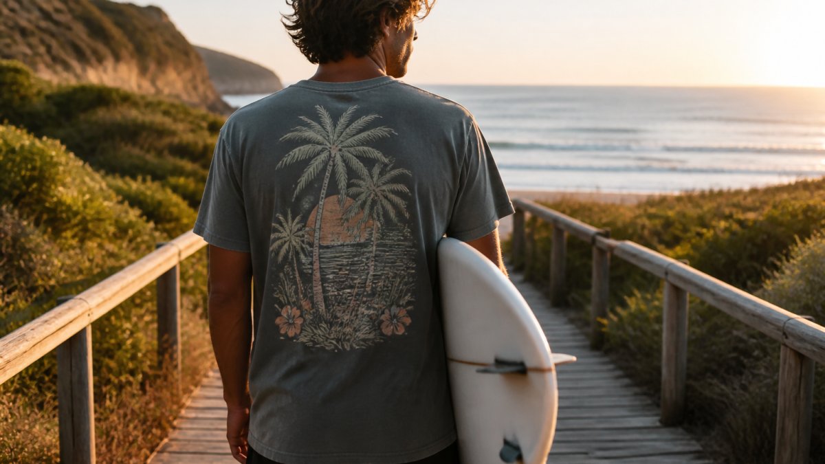 A young adult wearing a faded garment-dyed surf graphic tee with a palm tree back print, standing on a wooden boardwalk near the beach at golden hour, holding a surfboard under one arm