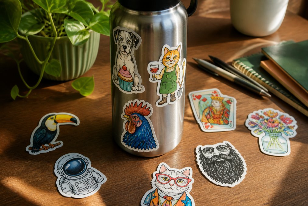Close-up of colorful hand-illustrated vinyl stickers from Cerulean Rooster displayed on a stainless steel water bottle on a wooden desk, warm natural light highlighting the vibrant colors and die-cut edges