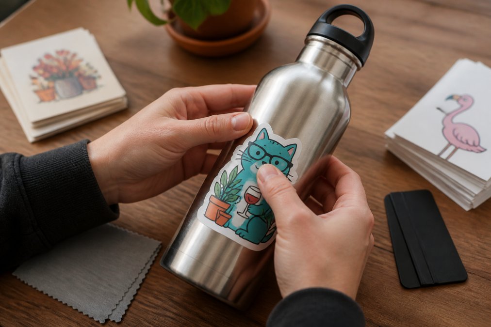 Hands carefully applying a vinyl sticker to a clean stainless steel water bottle, pressing from the center outward with a thumb to smooth out air bubbles, close-up shot in warm indoor lighting