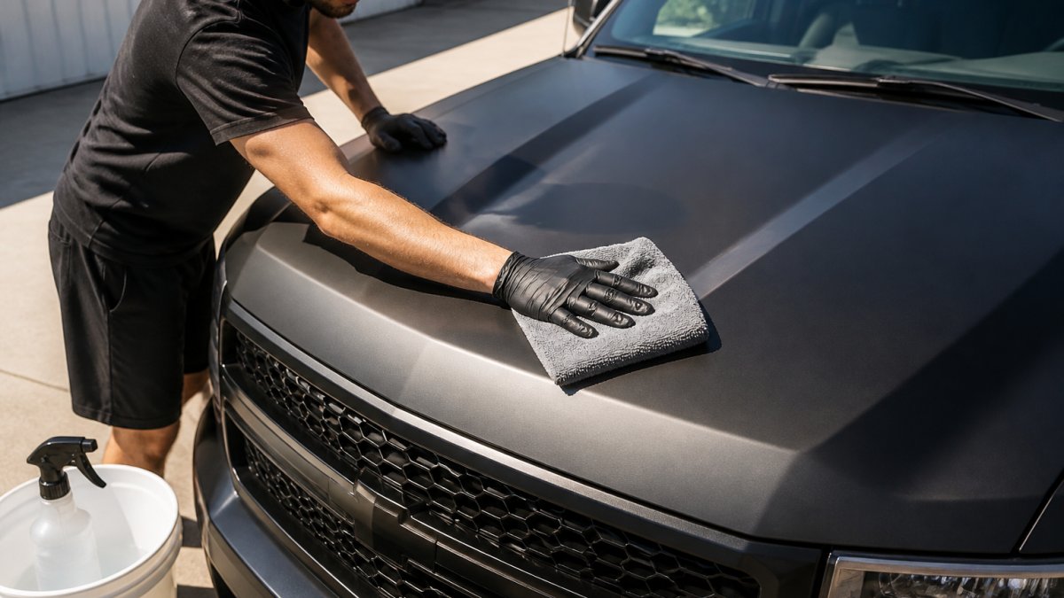 Close-up of hands using a microfiber cloth to gently wash a matte black vinyl-wrapped truck hood in bright sunlight, with a spray bottle and bucket visible nearby