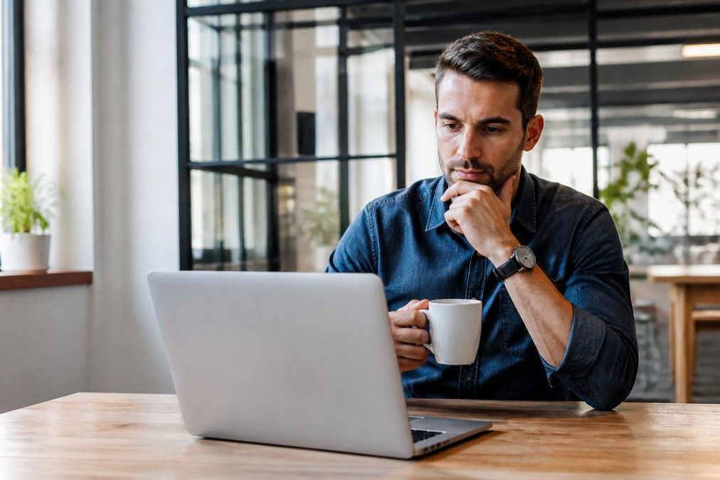 A focused startup founder reviewing a laptop screen with a cup of coffee in a modern, bright office environment