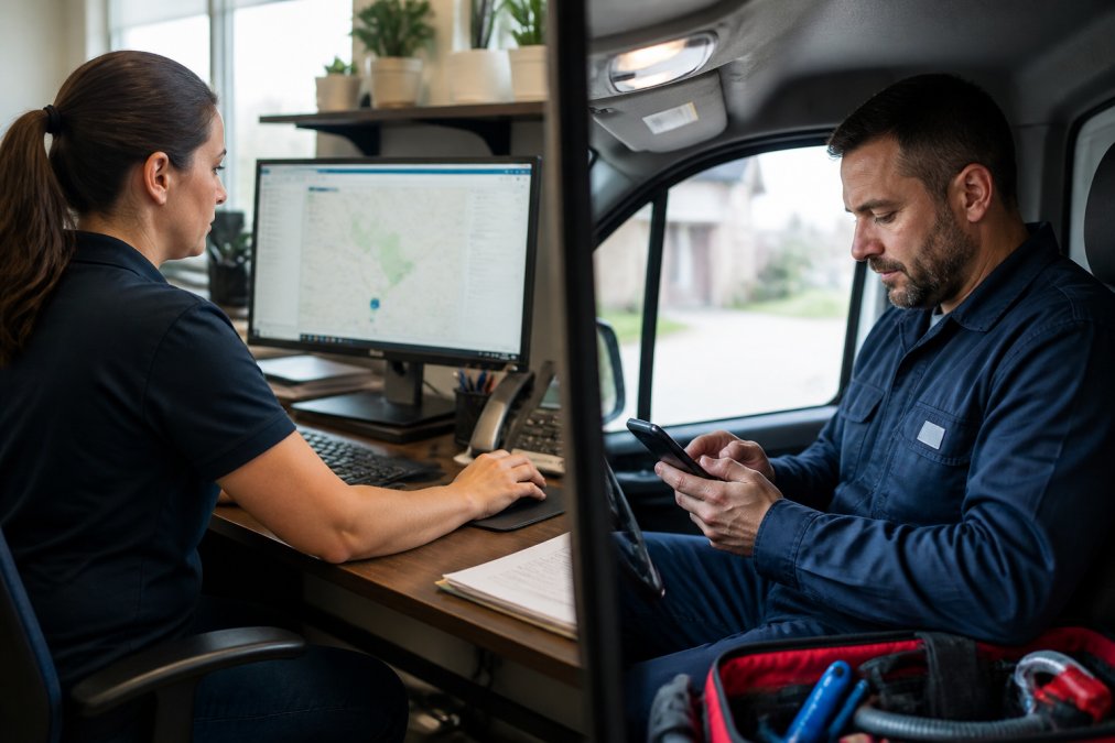 Professional plumbing office manager reviewing real-time job tracking on desktop computer while field technician communicates via mobile app in service vehicle, showing seamless dispatch coordination with natural office lighting
