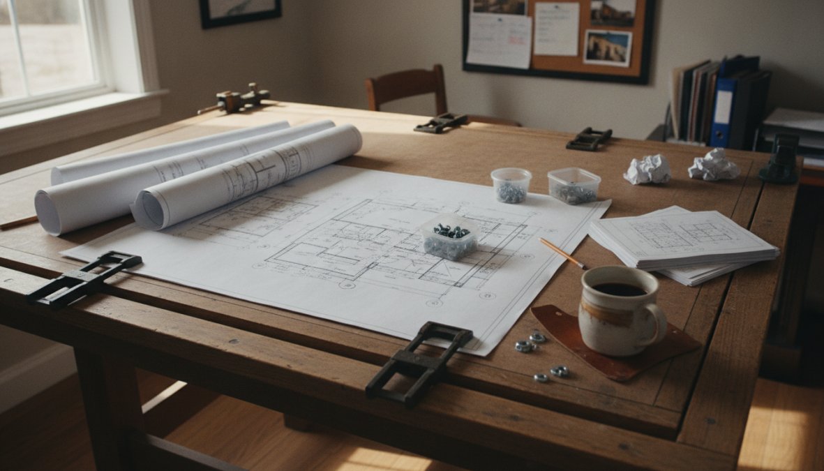 A [home service](/how-to-scale-home-service-business/)s contractor in a hard hat reviewing project documents on a laptop at a job site trailer desk, with blueprints and a coffee cup nearby, warm afternoon light coming through a small window