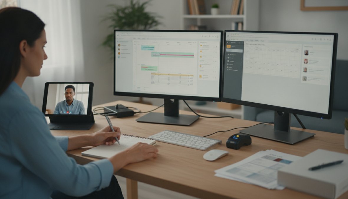 A remote virtual assistant working at a clean home office desk with dual monitors displaying construction project management software, taking notes on a notepad, soft natural light from a window to the left