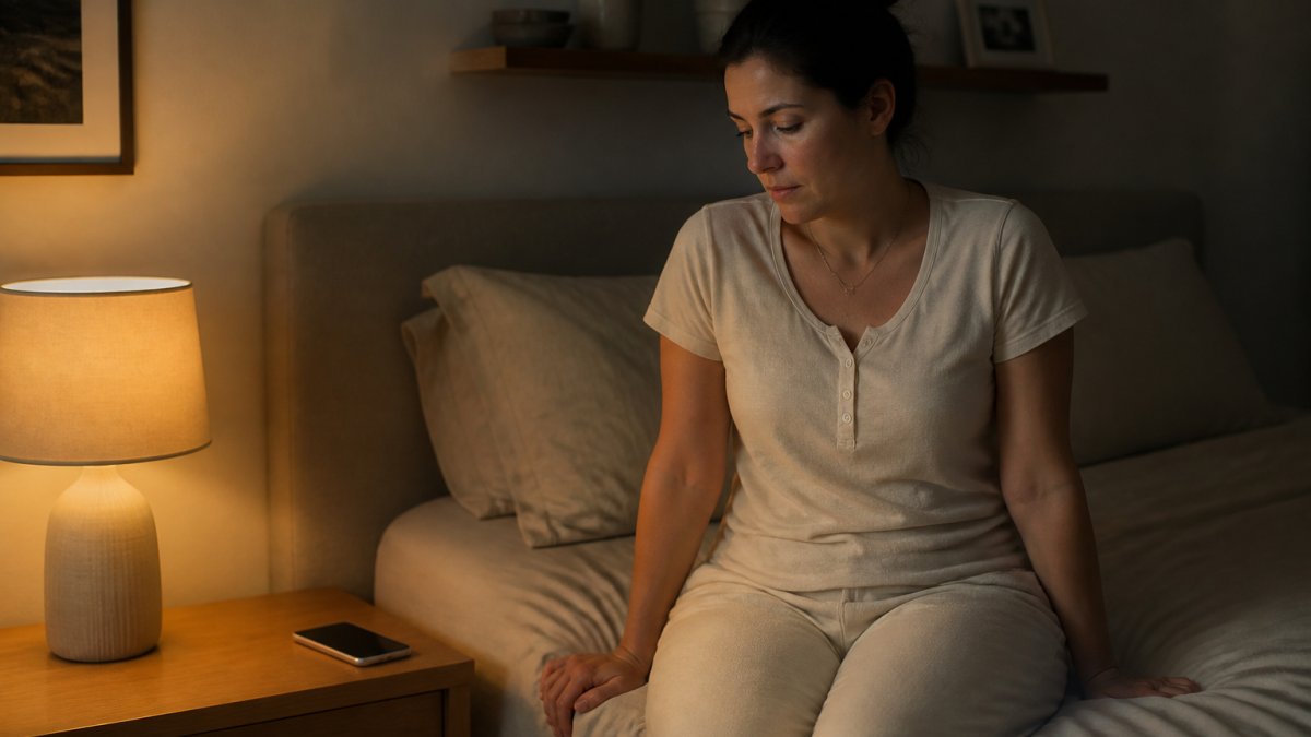 Person sitting on a bed in a dim room before starting virtual hypnotherapy for sleep to calm their mind.