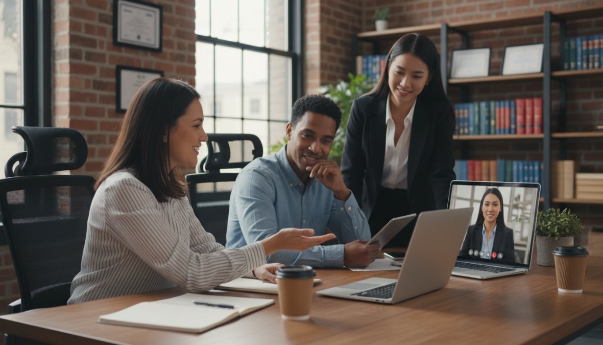 A smiling legal professional in a bright modern home office on a video call with a remote colleague, both reviewing case files displayed on their laptop screens, with natural light and clean desk backgrounds visible in the frame
