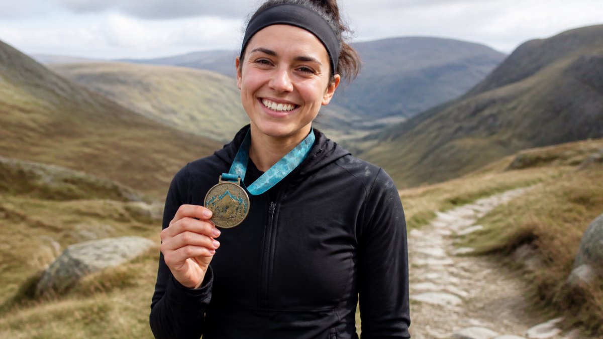 Runner outdoors in natural daylight wearing running gear, holding a virtual race medal in their hand with a genuine smile of accomplishment, standing on a scenic trail with hills in the background
