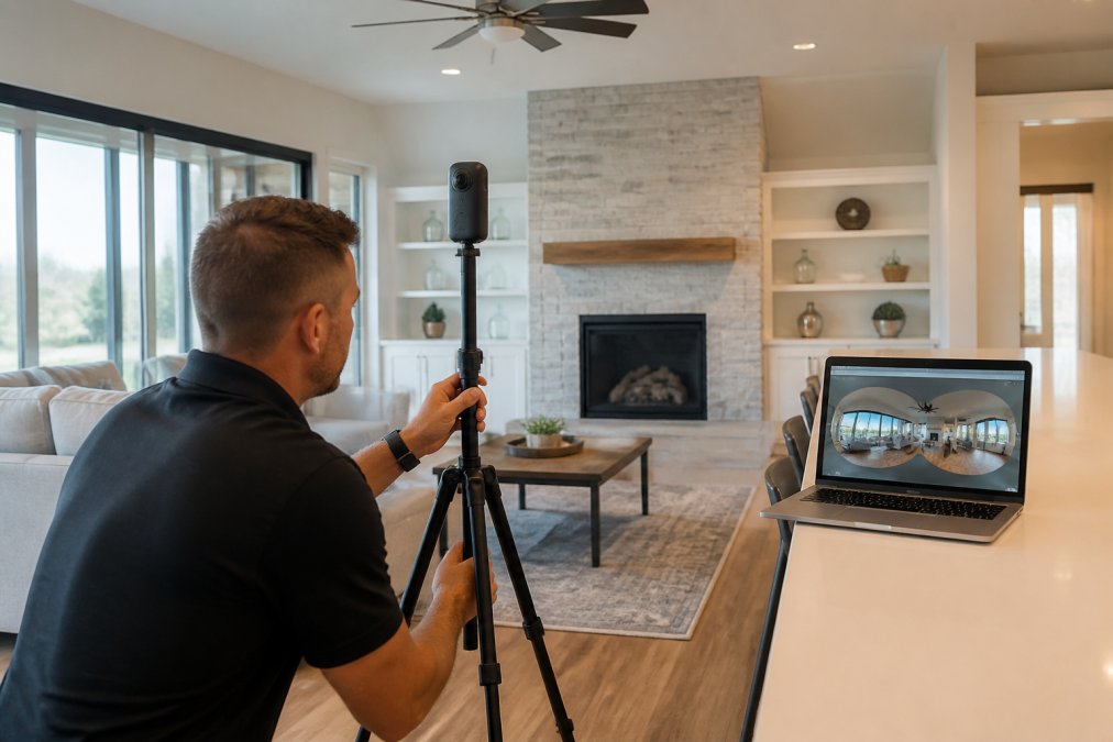 A real estate photographer setting up a 360-degree camera on a tripod in a bright, modern living room, with a laptop nearby showing panoramic imagery on screen
