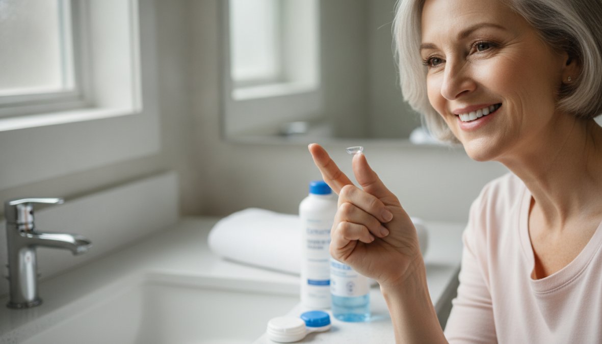 A smiling woman in her mid-50s holding a contact lens on her fingertip in a well-lit bathroom, a contact lens case and solution bottle visible on the white marble counter beside her