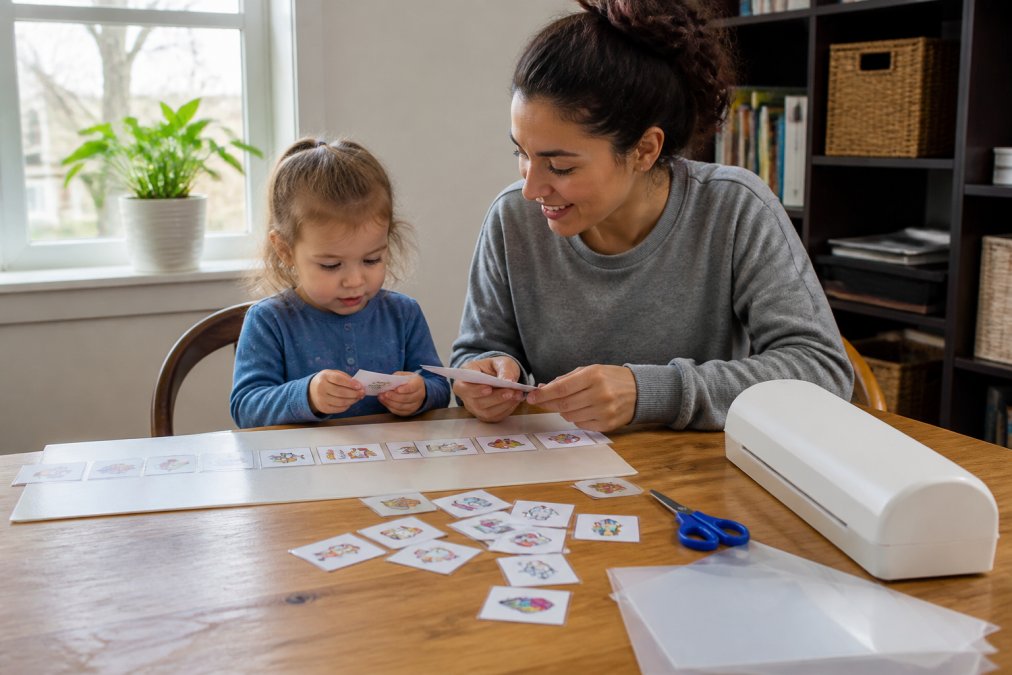 Parent and toddler sitting at a wooden table creating a visual schedule together with colorful printed picture cards, scissors, and laminating materials visible, natural window lighting