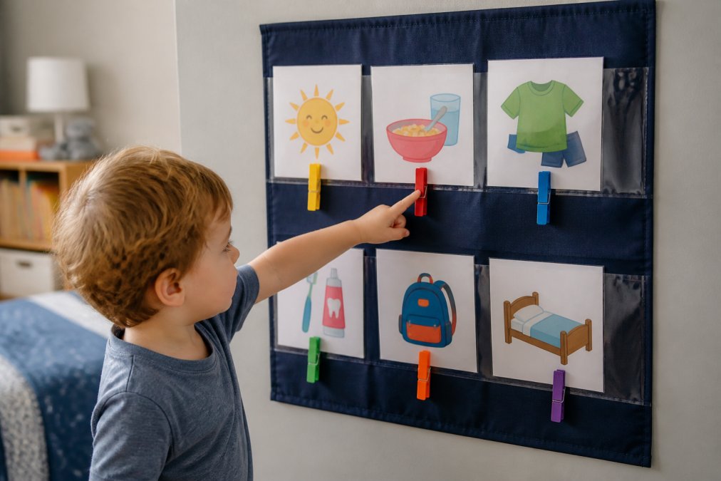 A well-organized morning routine visual schedule mounted on a bedroom wall with laminated picture cards showing breakfast, getting dressed, and brushing teeth, with a toddler pointing to the current task indicated by a colorful clothespin