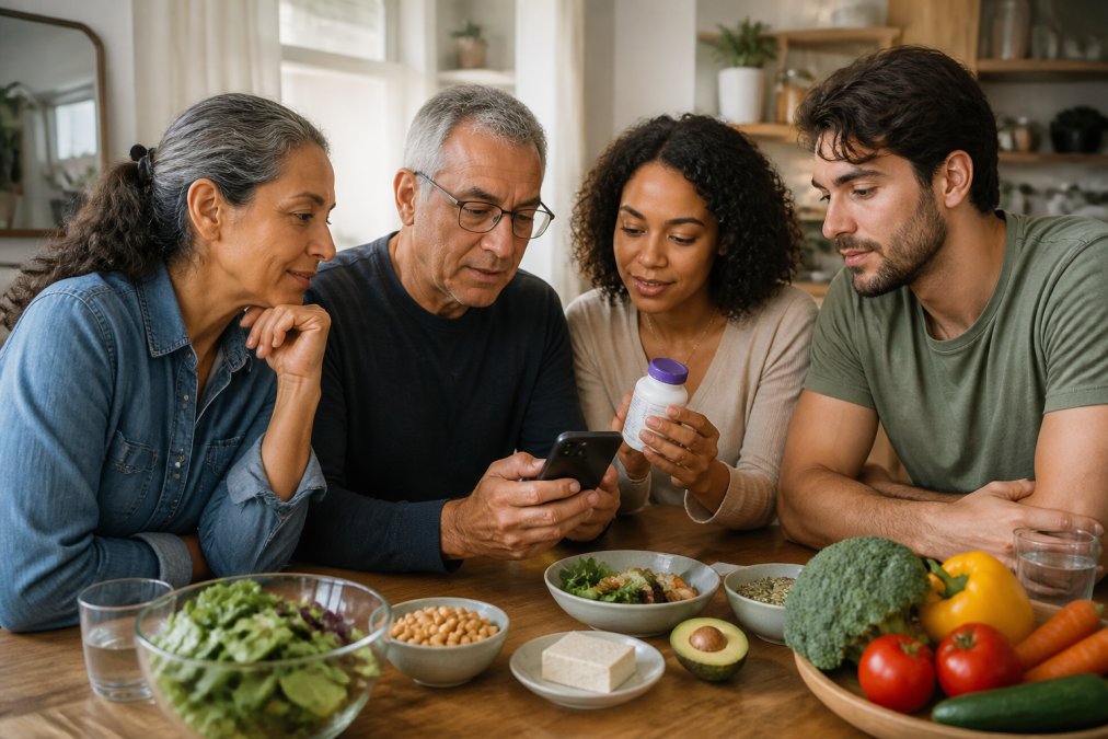 A diverse group of adults of different ages, including an older person and a younger vegan, sitting together at a table with healthy food and a B12 supplement bottle, looking at a dosage chart on a smartphone