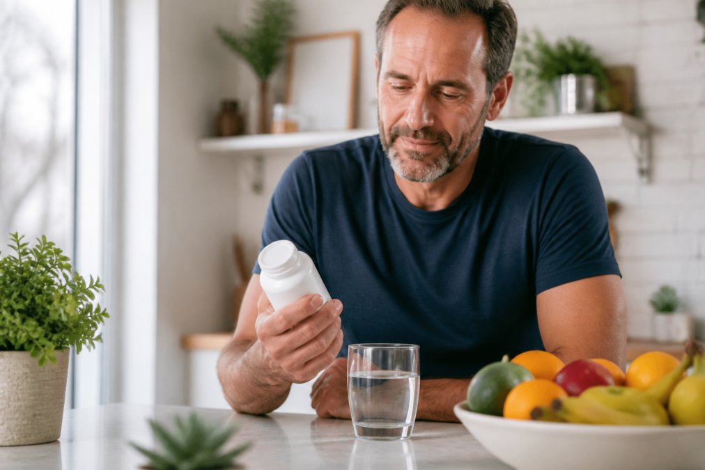 Health-conscious adult in their 40s holding a bottle of daily vitamin capsules at home, with fresh fruit and a glass of water on a kitchen counter in natural light