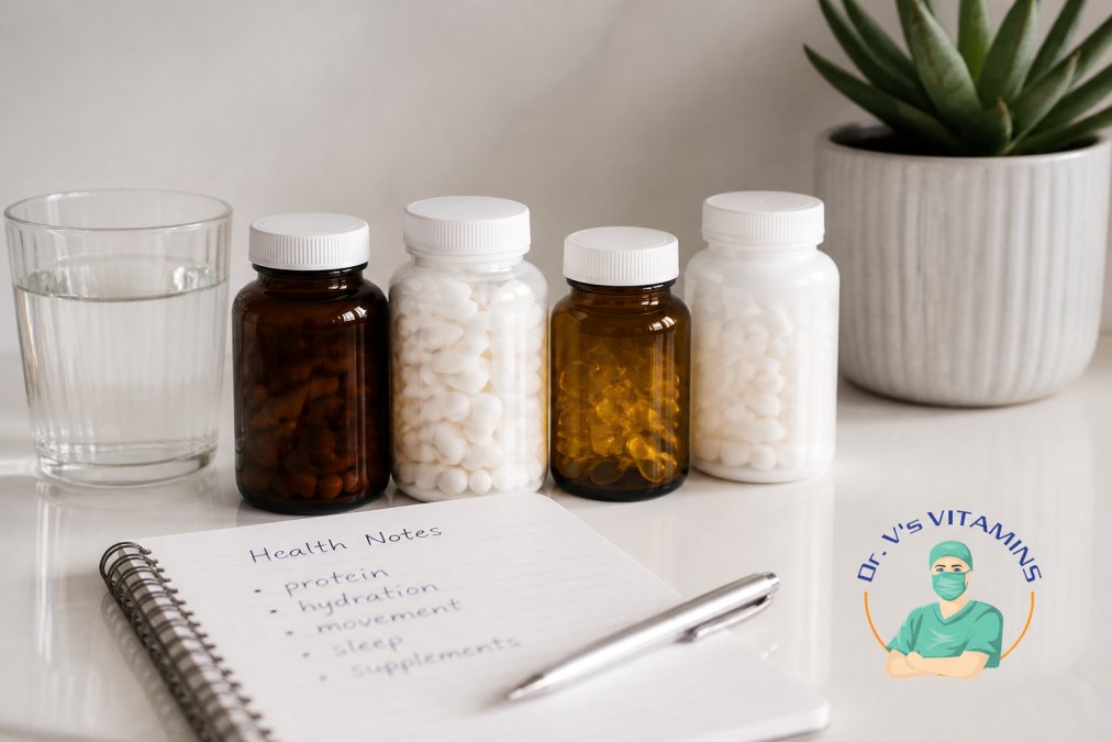 Close-up of four supplement bottles arranged neatly on a clean white surface next to a glass of water and a small notebook with handwritten health notes