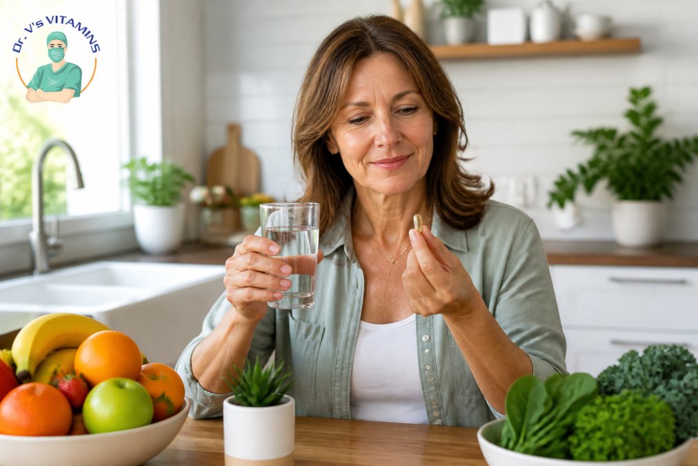 A woman in her mid-50s sitting at a sunlit kitchen table, looking energized and focused, holding a glass of water in one hand and a supplement capsule in the other, with a bowl of fruit and leafy greens visible in the background