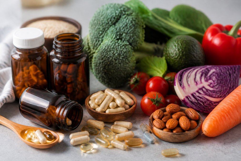 Close-up of vitamin bottles and supplement capsules arranged on a clean surface with fresh vegetables and foods rich in hair-healthy nutrients nearby