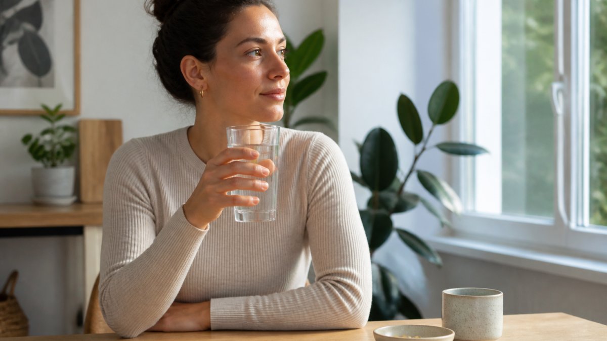 Woman in bright natural light holding a glass of water with supplement capsules on the table, looking calm and composed