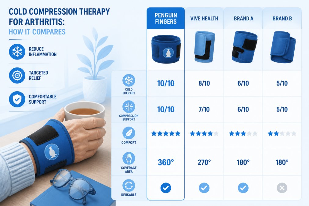 Older adult's hand wearing a blue compression sleeve on wrist, sitting at a desk with a cup of tea, showing comfort and relief