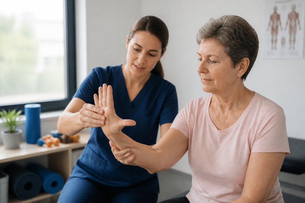 Physical therapist guiding a patient through gentle hand and wrist stretching exercises in a bright clinic setting