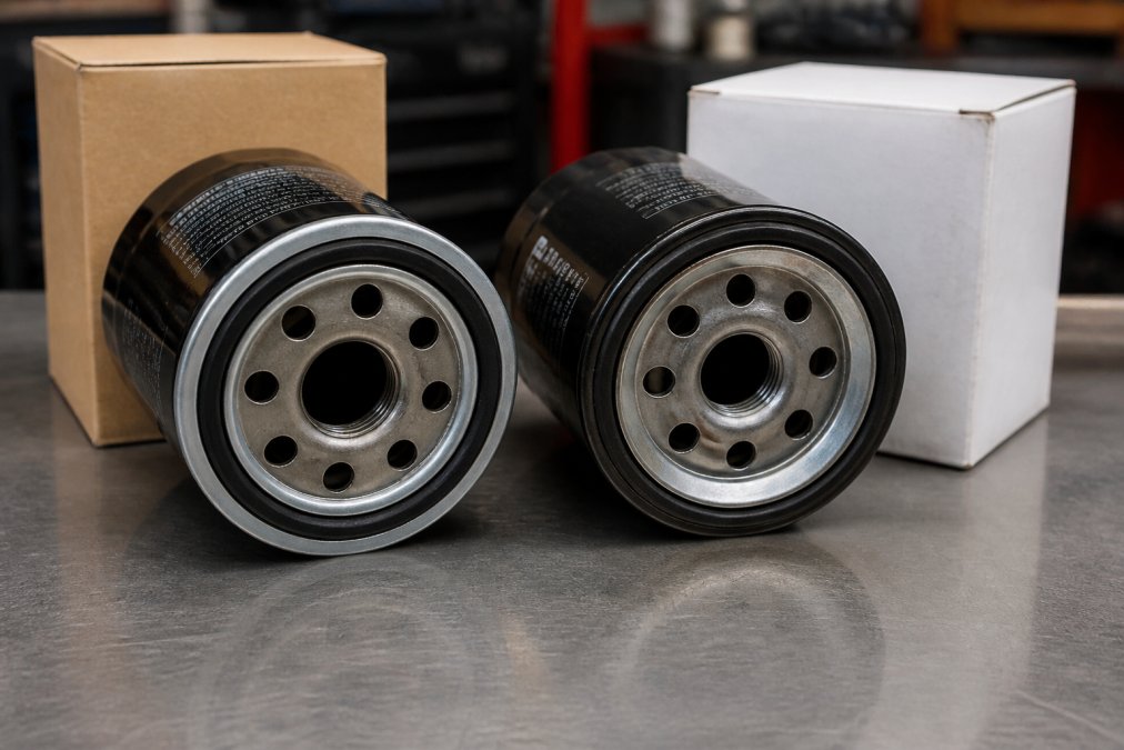 Close-up of a genuine Volkswagen OEM oil filter positioned next to an aftermarket filter on a workbench, showing distinct packaging, base plate design, gasket seal differences, and labeling clarity under bright shop lighting