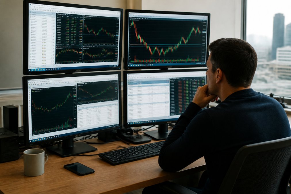 Trader's workstation with multiple monitors displaying MT5 platform showing live trading charts, real-time data feeds, and VPS connection status indicators with network latency metrics visible on screen