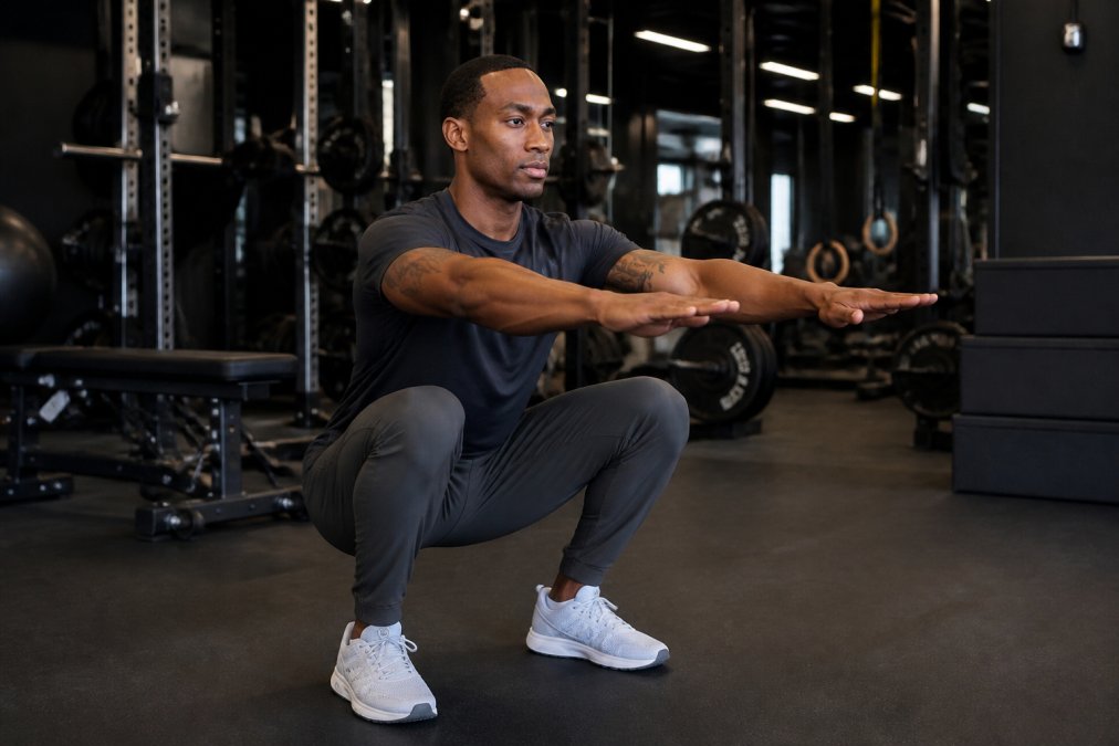 Male athlete wearing dark performance joggers and a fitted training tee mid-workout in a modern gym, performing a deep squat with full range of motion under bright overhead lighting