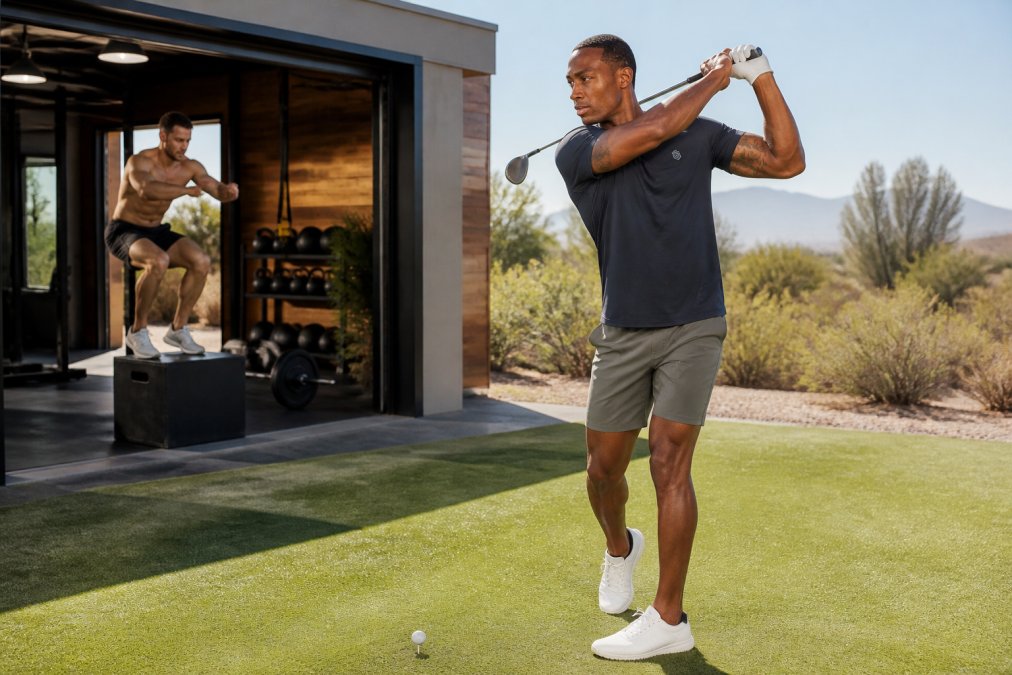 A golfer in lightweight performance apparel mid-swing on a sunlit green course, with a man in athletic shorts doing box jumps in a gym visible in the background through a split-scene lifestyle composition