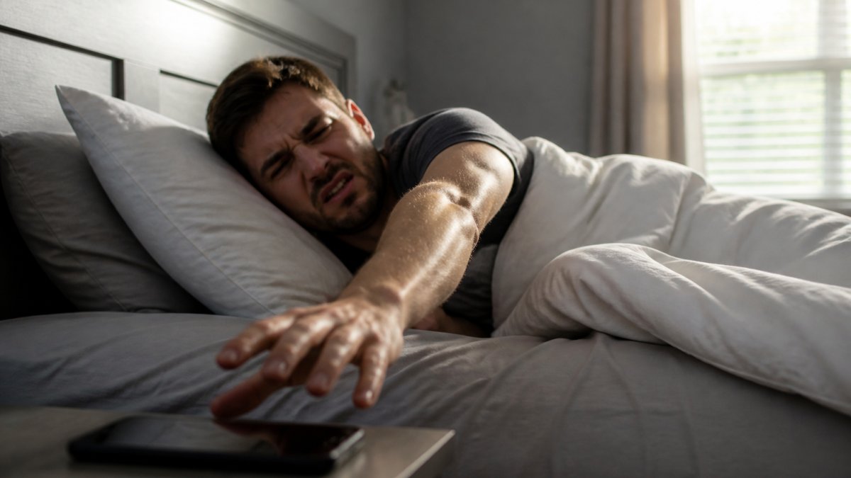 Person in bed reaching for phone alarm with frustrated expression, early morning bedroom light streaming through window