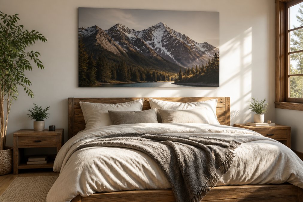 Modern bedroom with a large canvas mountain landscape positioned above a wooden bed frame, flanked by soft neutral bedding, natural wood nightstands with small plants, and warm morning light streaming through a window creating a serene nature-inspired retreat