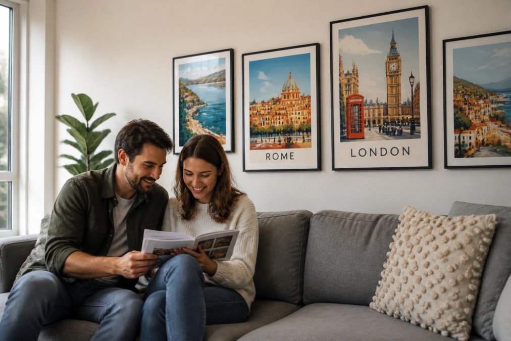 A bright modern living room wall featuring a curated collection of framed travel posters, including a vintage London poster and a colourful Rome print, styled above a grey sofa with natural daylight