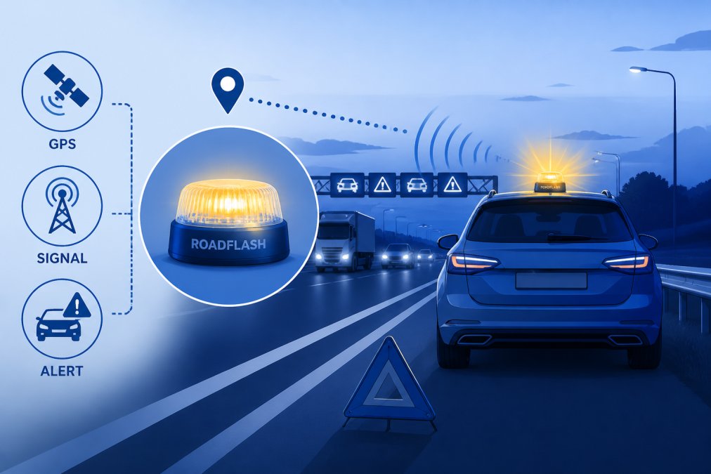 Best Warnlight Alternatives for Drivers A stationary vehicle on a motorway shoulder at dusk with a Roadflash GPS-enabled emergency beacon activated, showing bright amber light strobing against the darkening sky and approaching traffic in the background