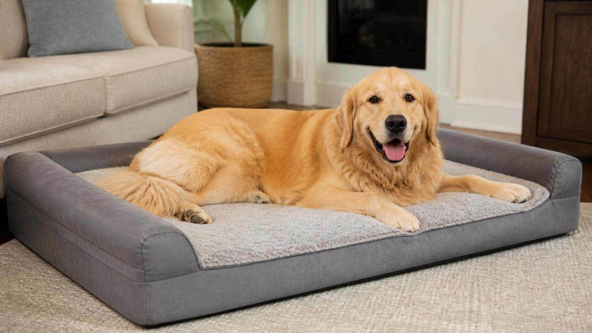 Infographic comparing sizes and comfort features of washable dog beds large breeds for golden retrievers