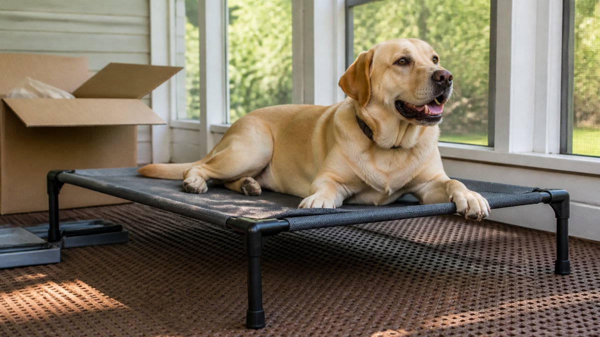 Diagram illustrating stability and ground clearance of an elevated pet bed on a screened porch surface