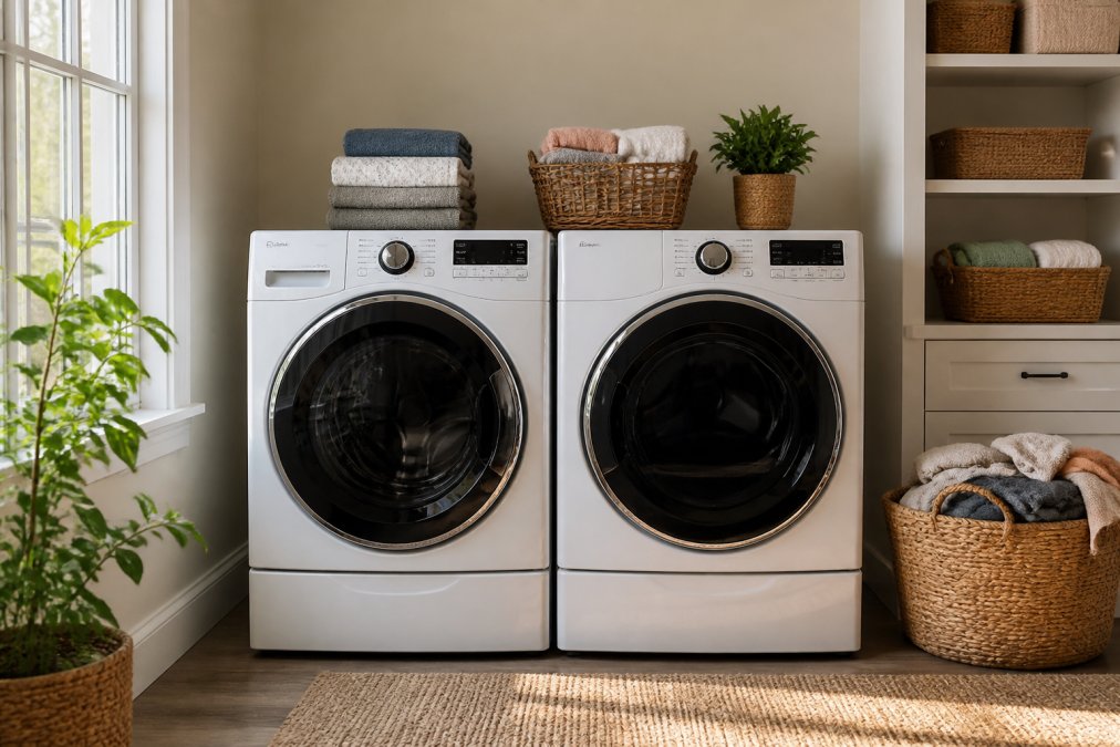 Modern laundry room with matching front-load washer and dryer set installed side-by-side in bright residential space, with folded laundry baskets and organized shelving nearby