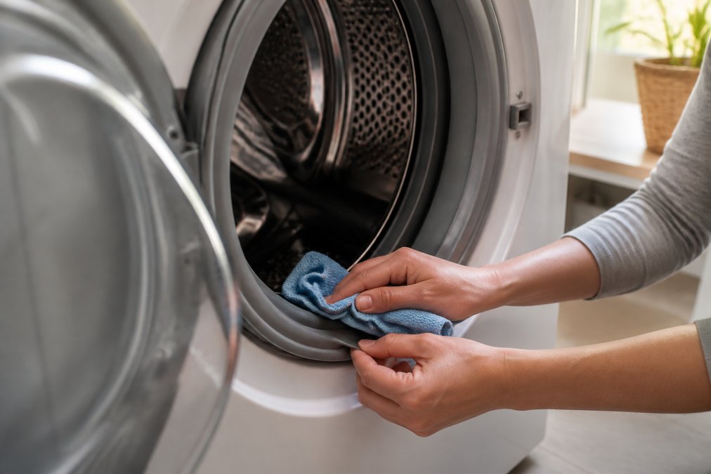 Close-up of hands cleaning rubber gasket of front-load washer with cloth, showing maintenance in action in home laundry room with natural light