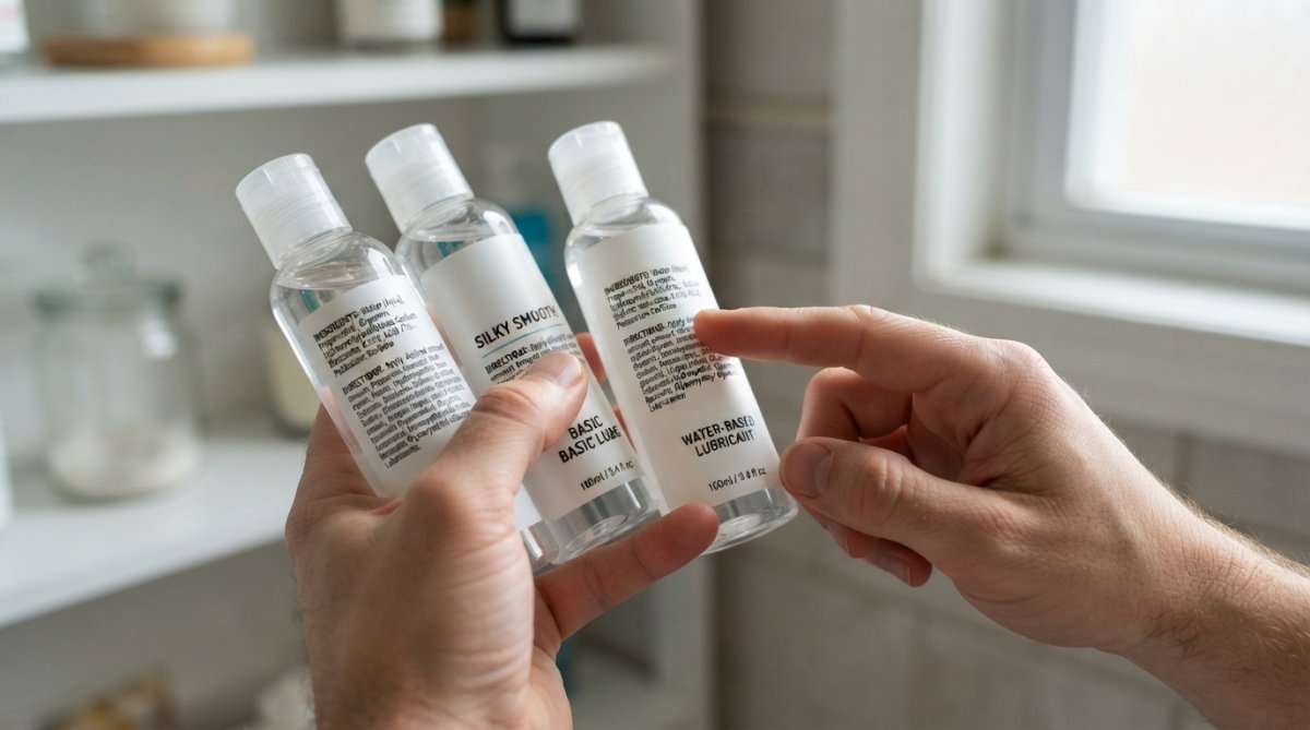 Close-up of hands reading and comparing product labels on water-based lubricant bottles with natural window lighting, examining ingredient lists carefully