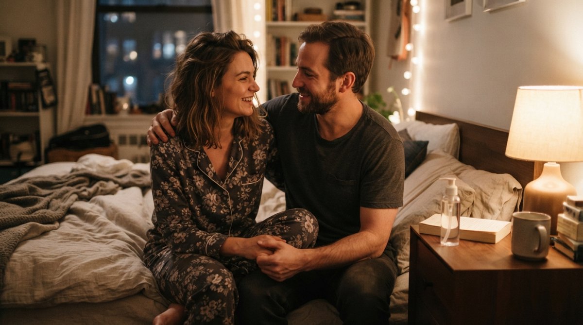 A relaxed couple in intimate setting with water-based lubricant bottle visible on wooden nightstand, soft warm ambient lighting, tasteful and suggestive scene
