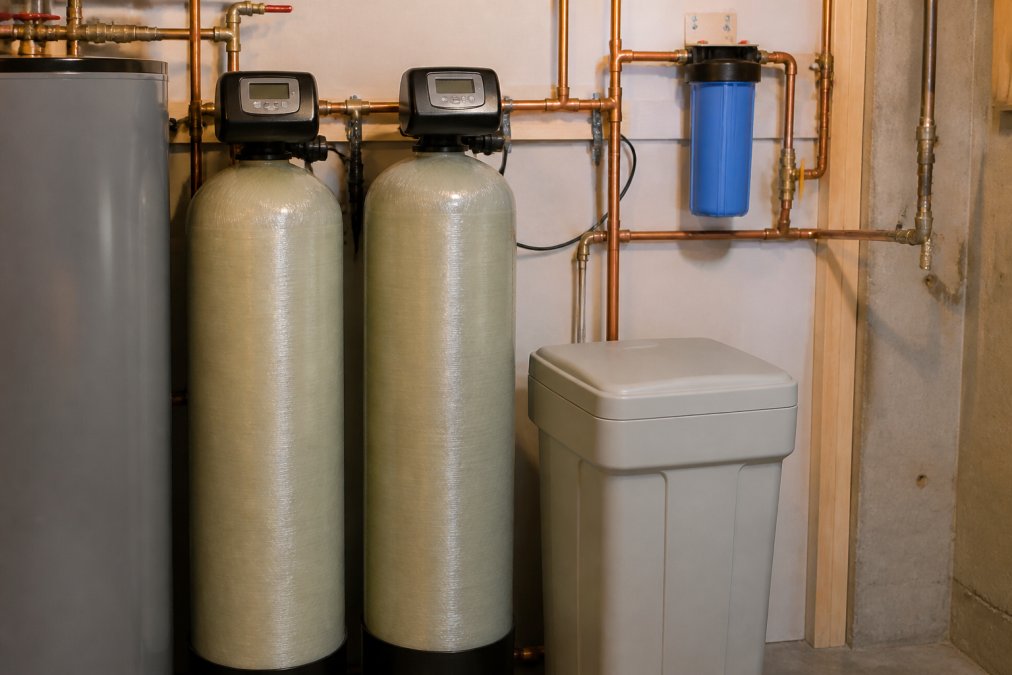 A modern utility room with a professionally installed water conditioning system, showing the resin tank, brine tank, and electronic control valve with clean copper plumbing connections under warm overhead lighting
