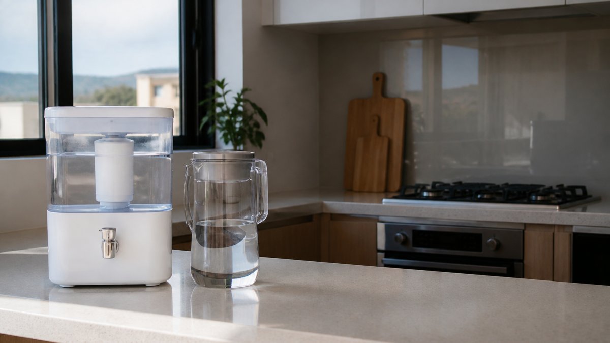 A bright modern rented apartment kitchen with a compact bench top water filter and a glass jug of filtered water on the counter, natural light coming through a window