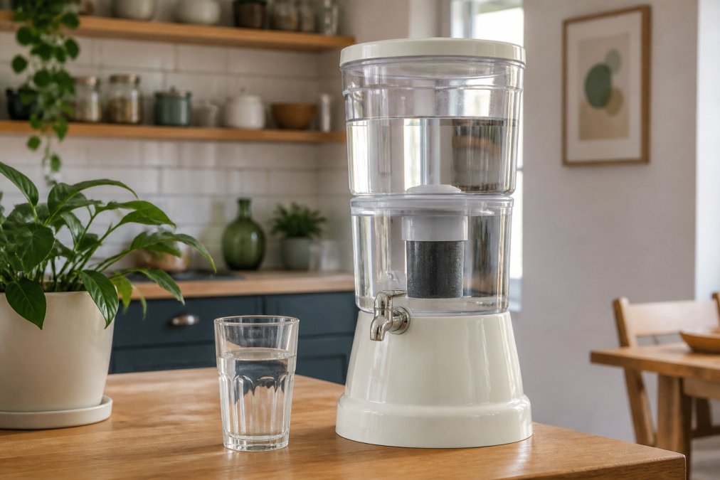 A glass gravity-fed water filter system sitting on a kitchen worktop in a bright rented flat, with a filled glass beside it and no plumbing connections visible