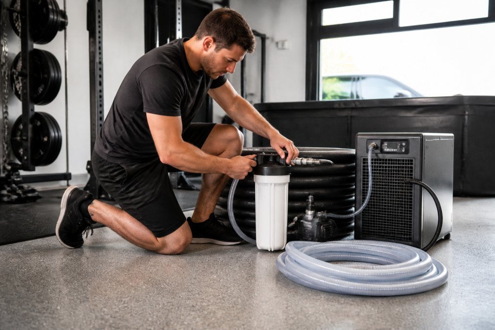 A person in athletic wear assembling a cold plunge filtration system in a clean garage gym, with a water chiller, coiled hosing, and a white filter housing visible on a concrete floor under bright overhead lighting