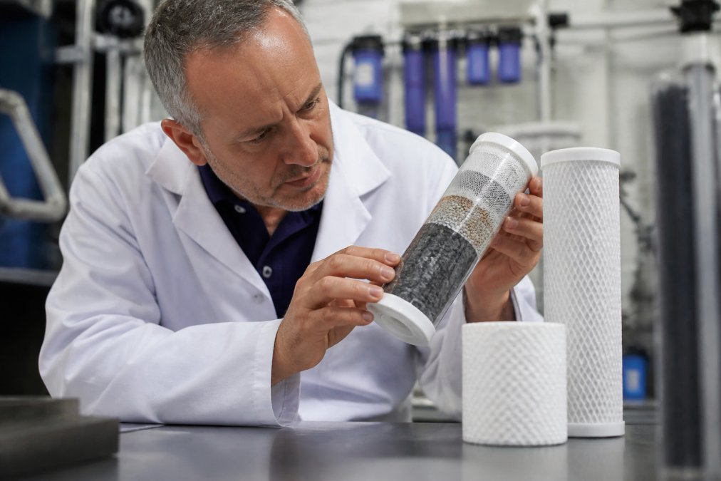 Professional examining water filter cartridge under bright lighting to show filtration media layers and pore structure