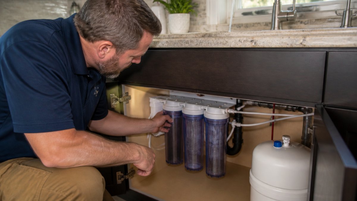 Homeowner inspecting a whole-house system for the best water filtration for well water under the kitchen sink