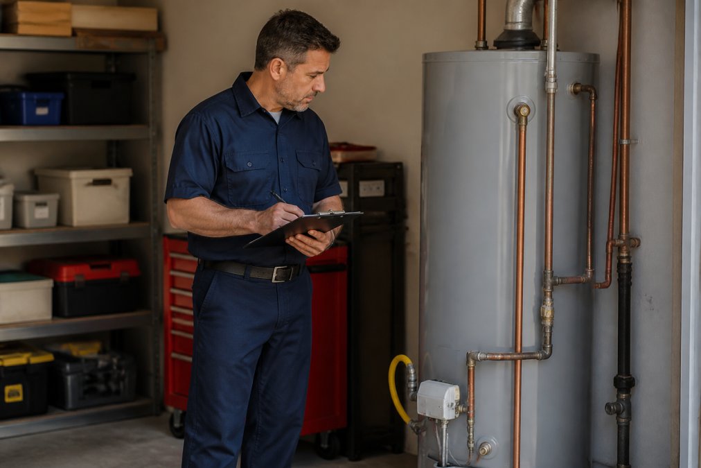 Professional plumber inspecting a residential unit to help homeowners choose the best water heater brands.