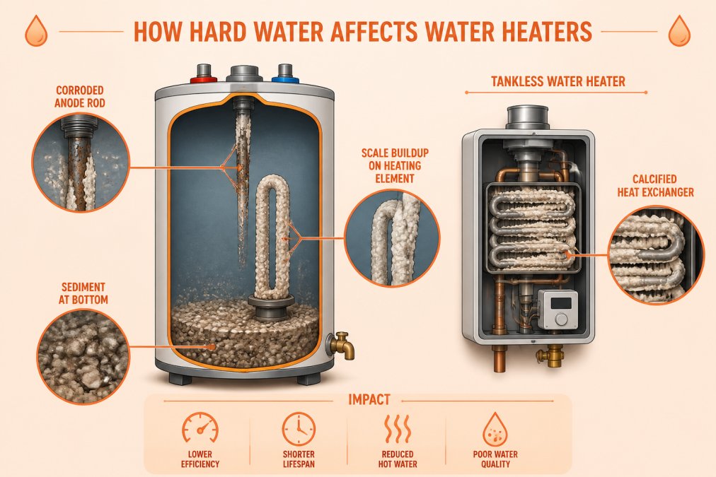 Cross-section diagram of water heater showing mineral scale buildup on heating element, sediment accumulation at tank bottom, corroded anode rod, and calcified heat exchanger in tankless model