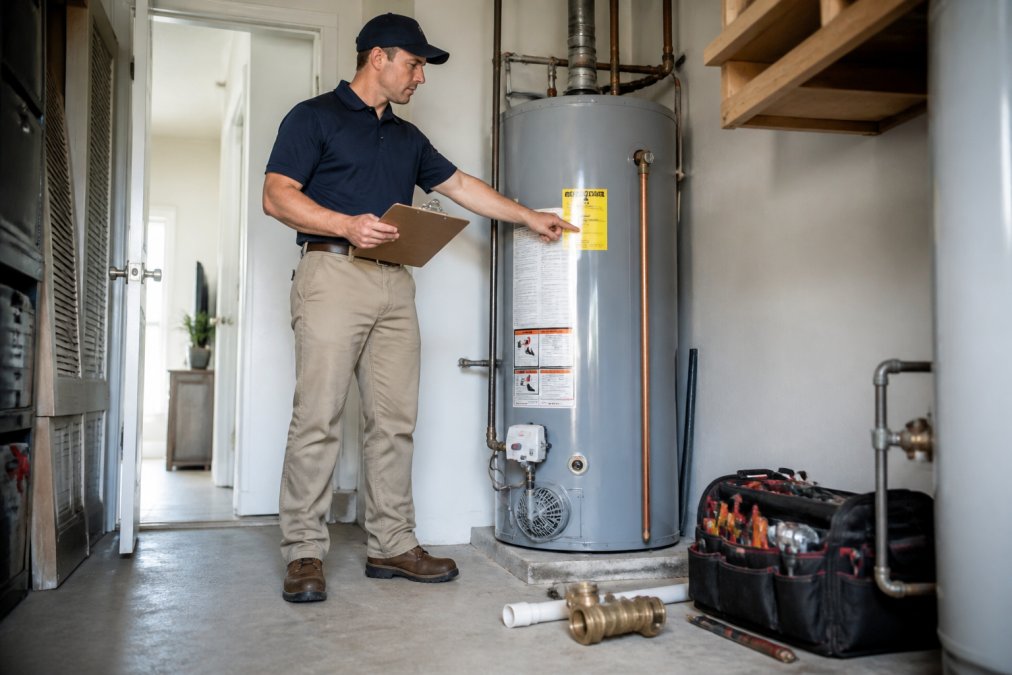 A professional plumber in a clean uniform inspecting a new storage tank water heater in a bright modern home utility room, holding a clipboard and pointing at the unit's rating label